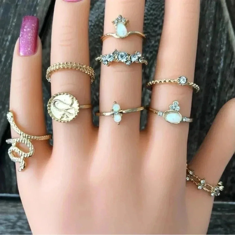 9 Piece Ring Set Gold Tone Snake Rope Faux Pearl Faux Diamond Rings New NWT